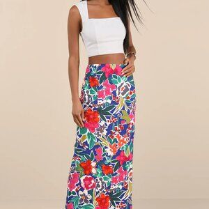 Sanaa Dark Blue Floral High-Rise Midi Skirt - M
